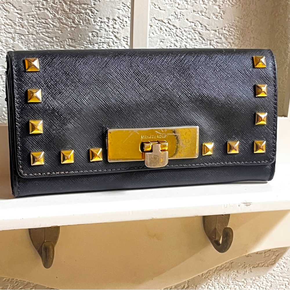 Michael kors black studded zip top Safiano leather wallet